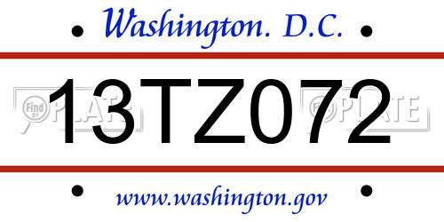 13TZ072 District Of Columbia License Plate