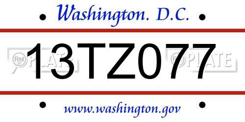 13TZ077 District Of Columbia License Plate