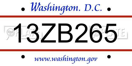13ZB265 District Of Columbia License Plate