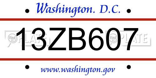 13ZB607 District Of Columbia License Plate