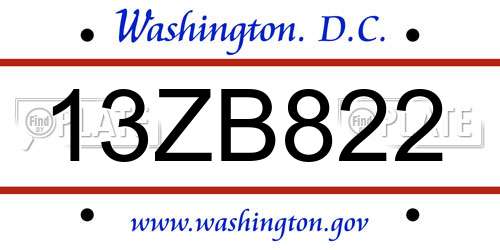 13ZB822 District Of Columbia License Plate