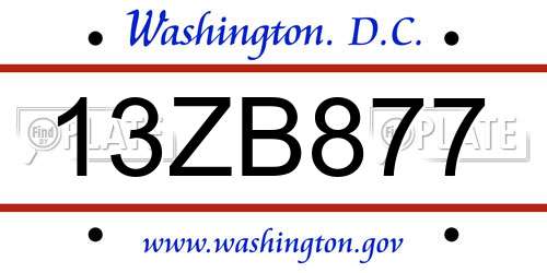 13ZB877 District Of Columbia License Plate