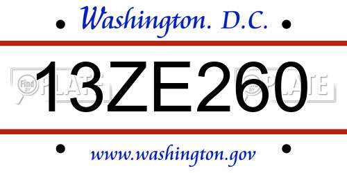 13ZE260 District Of Columbia License Plate
