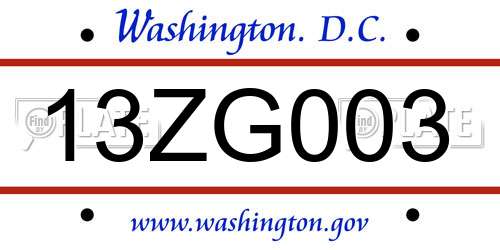 13ZG003 District Of Columbia License Plate
