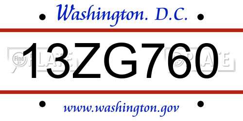 13ZG760 District Of Columbia License Plate