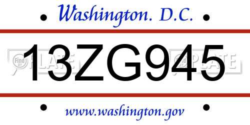 13ZG945 District Of Columbia License Plate