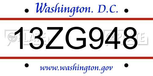 13ZG948 District Of Columbia License Plate