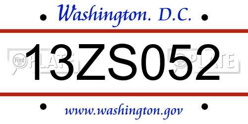 13ZS052 District Of Columbia License Plate