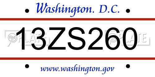 13ZS260 District Of Columbia License Plate