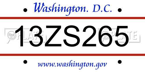13ZS265 District Of Columbia License Plate
