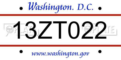 13ZT022 District Of Columbia License Plate