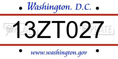 13ZT027 District Of Columbia License Plate