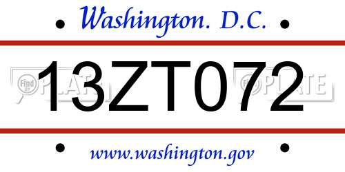 13ZT072 District Of Columbia License Plate