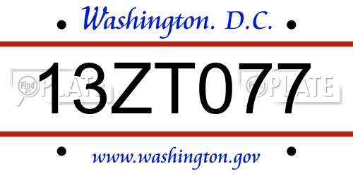13ZT077 District Of Columbia License Plate