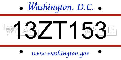 13ZT153 District Of Columbia License Plate