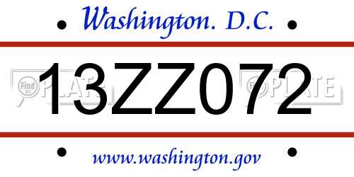 13ZZ072 District Of Columbia License Plate