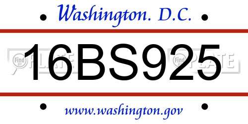 16BS925 District Of Columbia License Plate