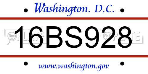 16BS928 District Of Columbia License Plate