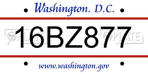 16BZ877 District Of Columbia License Plate