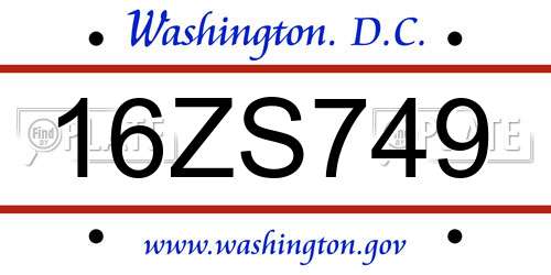 16ZS749 District Of Columbia License Plate