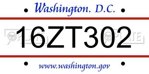 16ZT302 District Of Columbia License Plate