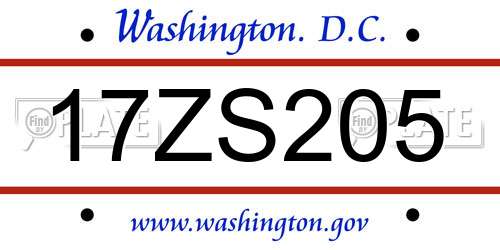 17ZS205 District Of Columbia License Plate