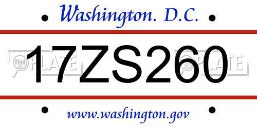 17ZS260 District Of Columbia License Plate