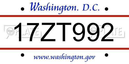 17ZT992 District Of Columbia License Plate