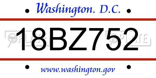 18BZ752 District Of Columbia License Plate