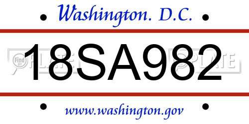 18SA982 District Of Columbia License Plate