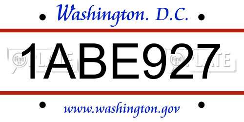 1ABE927 District Of Columbia License Plate