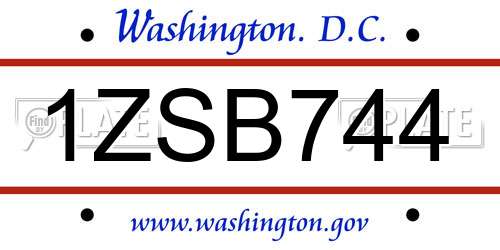 1ZSB744 District Of Columbia License Plate