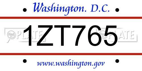 1ZT765 District Of Columbia License Plate