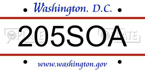 205SOA District Of Columbia License Plate
