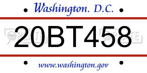 20BT458 District Of Columbia License Plate