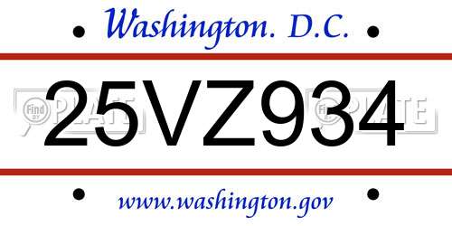 25VZ934 District Of Columbia License Plate