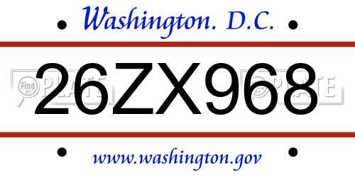 26ZX968 District Of Columbia License Plate
