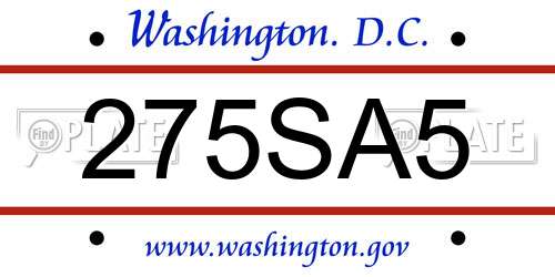 275SA5 District Of Columbia License Plate