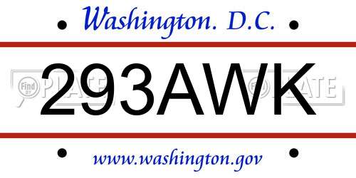 293AWK District Of Columbia License Plate