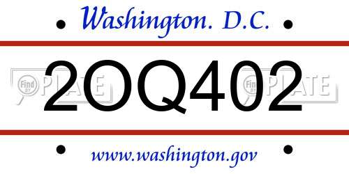 2OQ402 District Of Columbia License Plate