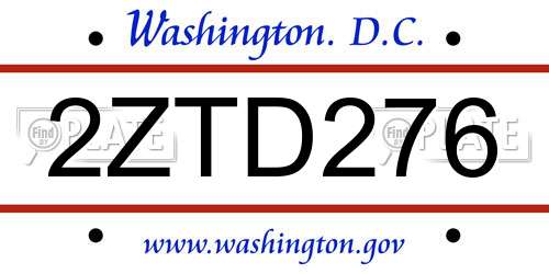 2ZTD276 District Of Columbia License Plate