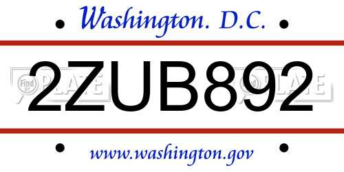 2ZUB892 District Of Columbia License Plate