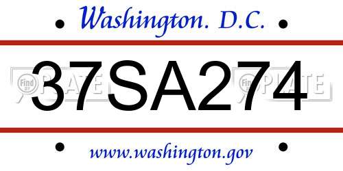 37SA274 District Of Columbia License Plate