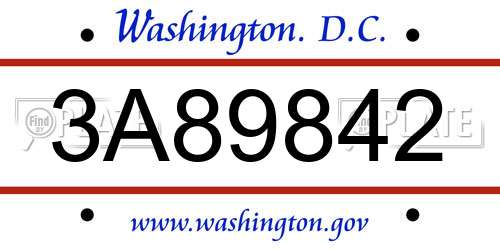 3A89842 District Of Columbia License Plate