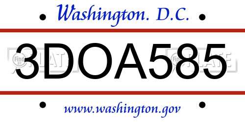 3DOA585 District Of Columbia License Plate