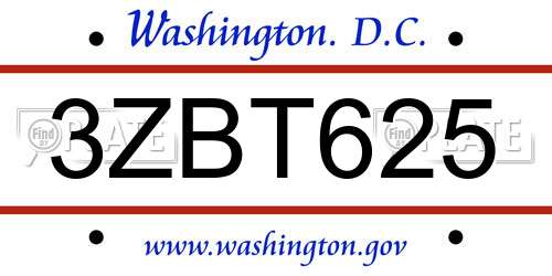 3ZBT625 District Of Columbia License Plate