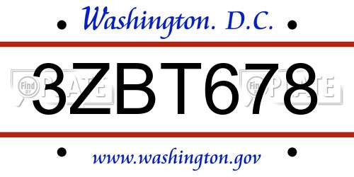 3ZBT678 District Of Columbia License Plate