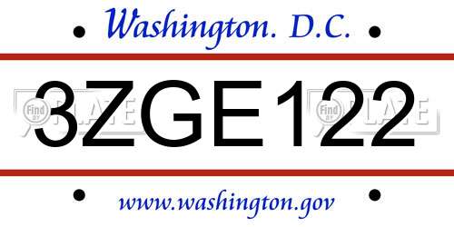 3ZGE122 District Of Columbia License Plate