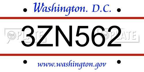 3ZN562 District Of Columbia License Plate
