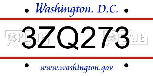 3ZQ273 District Of Columbia License Plate